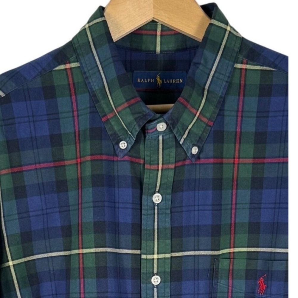 Ralph Lauren Mens XXL Tall Plaid Button Down Shirt Navy Green Cotton Oxford Pony